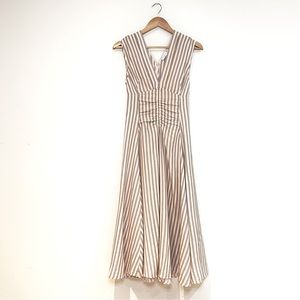 Sandro Paris dress yellow, beige and blue vertical line and sleeveless strap.
